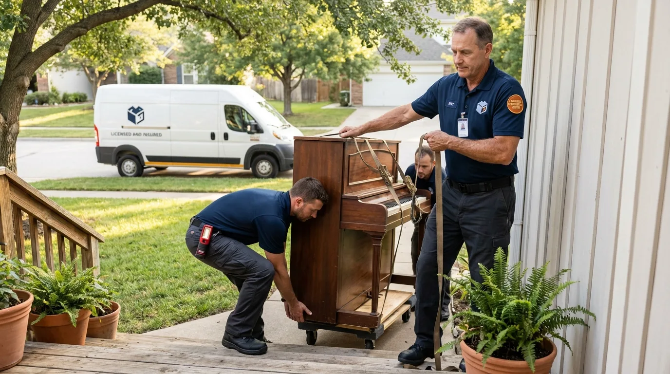 Licensed piano movers securing grand piano in Homestead, PA