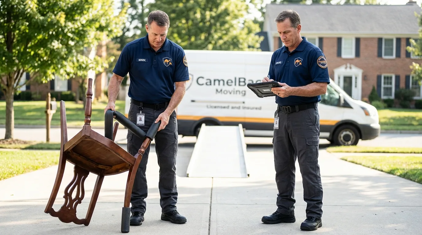 Movers inspecting furniture for damage prevention before loading in Homestead, PA