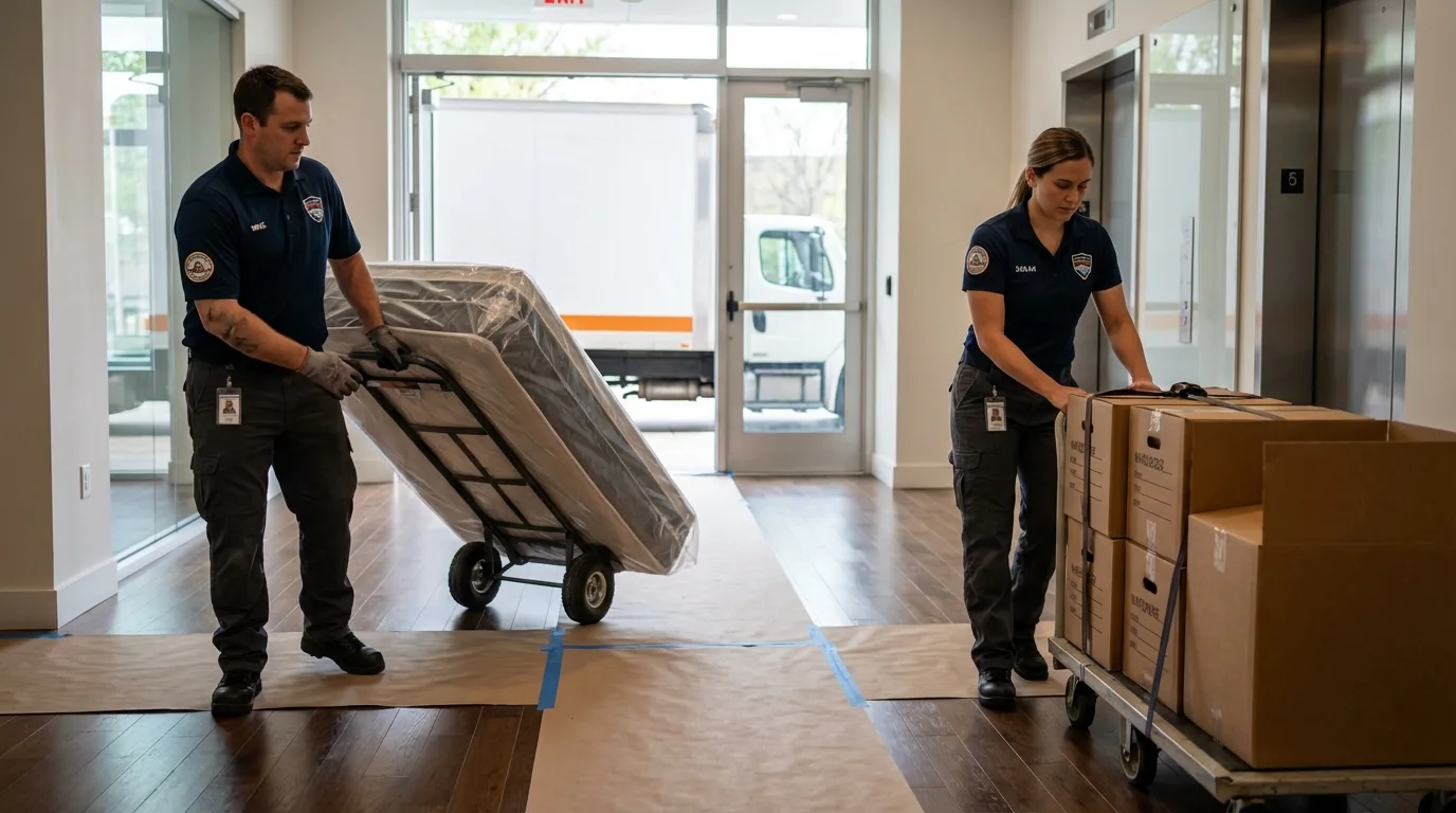 Professional apartment movers loading elevator in Homestead, PA