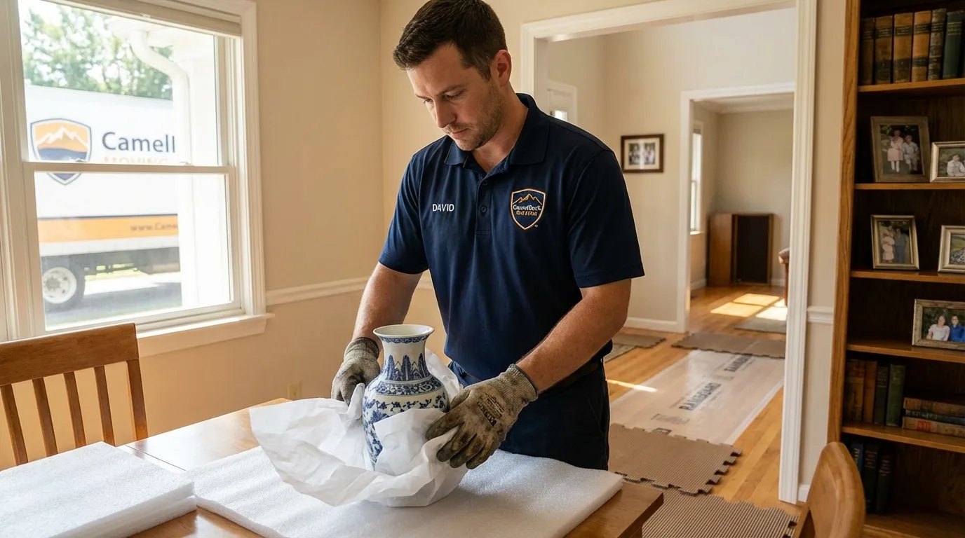 Professional crew carefully wrapping antique vase for senior downsizing move in Homestead, PA